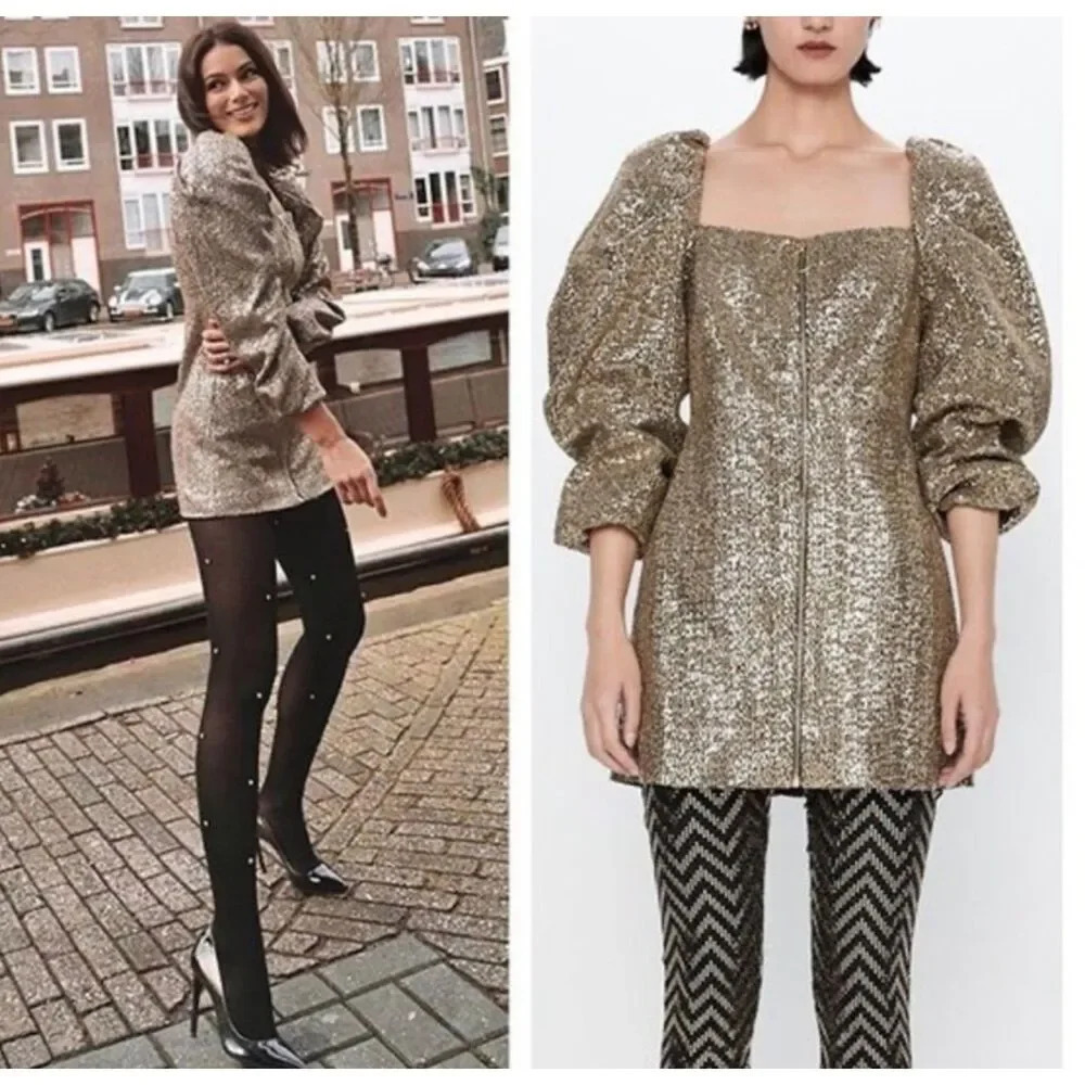 Zara Gold Sequin Zip Up Dress Puff‎ Sleeves